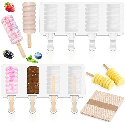 Popsicle Molds Set- 2 Pack 4 Cavities Mini Spiral Shape Silicone Ice Pop Molds with 50 Wooden Sticks- Homemade Popsicle Maker Ice Cream Mold Oval Cakesicle Molds for DIY Ice Popsicle Popsicle Molds Set- 2 Pack 4 Cavities Mini Spiral Shape Silicone Ice Pop Molds with 50 Wooden Sticks- Homemade Popsicle Maker Ice Cream Mold Oval Cakesicle Molds for DIY Ice Popsicle