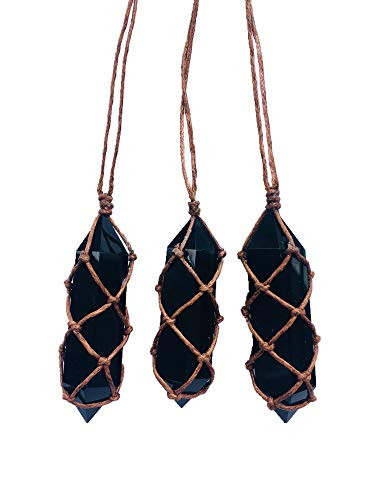 Ripple Stream Braided Knitted Obsidian Crystal Healing Chakra Pendant Hand Braided Necklace Protection Negative Energy Cleanser Natural Stress Aid Soothe Mind Emotions -Braided Obsidian-