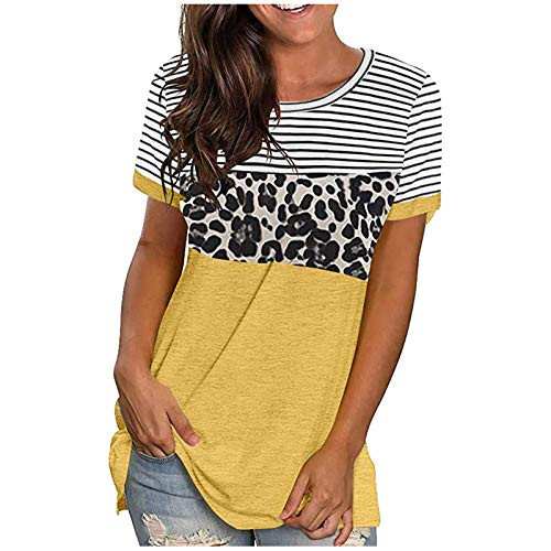 Tops for Women Casual Summer T Shirts Ladies O-Neck Short Sleeve Shirts Pullover Splicing Leopard Printed Tunic Top Yellow Tops for Women Casual Summer T Shirts Ladies O-Neck Short Sleeve Shirts Pullover Splicing Leopard Printed Tunic Top Yellow
