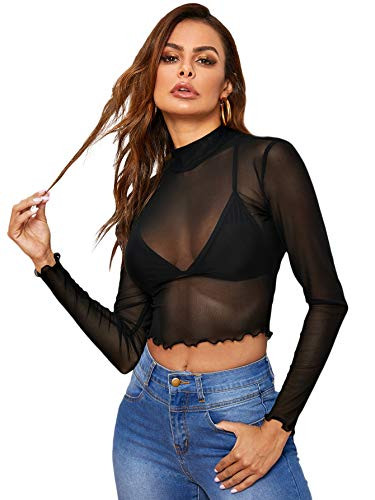 Floerns Women's Long Sleeves Mesh Sheer Mock Neck Crop Tops Tee Black Solid M