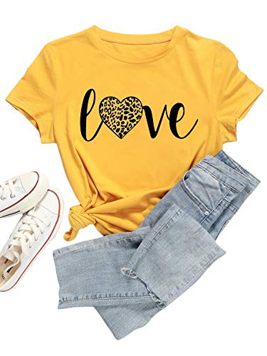 Romwe Women's Plus Size Graphic Heart Print Short Sleeve Basic Tee Tops T Shirt Love Yellow 1XL