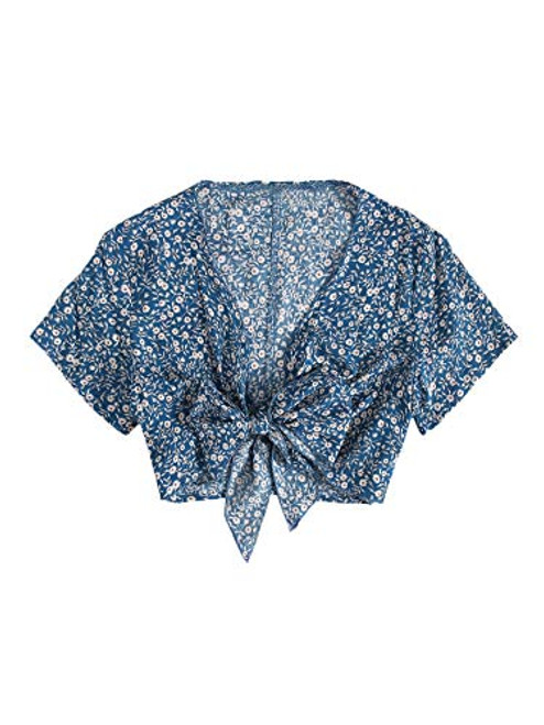 SOLY HUX Women's Ditsy Floral Print Short Sleeve Deep V Neck Tie Front Crop Top Blouse Blue M SOLY HUX Women's Ditsy Floral Print Short Sleeve Deep V Neck Tie Front Crop Top Blouse Blue M
