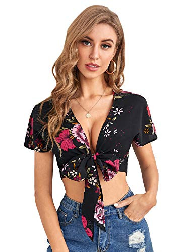 SOLY HUX Women's Floral Print Tie Front Short Sleeve Crop Top Blouse Black S