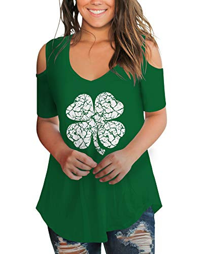 Women Summer T Shirt Casual Cold Shoulder Tops V Neck Blouse Green Clover St Patrick M