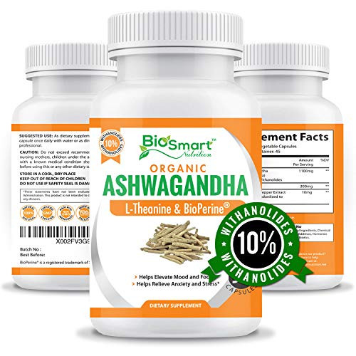 Organic Ashwagandha Capsules 1300mg Made with Organic Ashwagandha Root Extract 10 percent Withanolides- L-Theanine  and  Black Pepper-Stress Relief-Mood Enhancer-Anti Anxiety Supplement-Thyroid Support-90 Caps