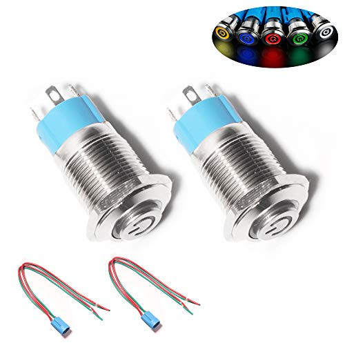 Monrand 2 Pcs 12mm Latching Push Button Switch-12V DC ON/Off Self-Locking Latching Push Button Switch Waterproof LED Light Toggle Switches with Wire Socket Plug 1/2inch Mounting Hole-White Light
