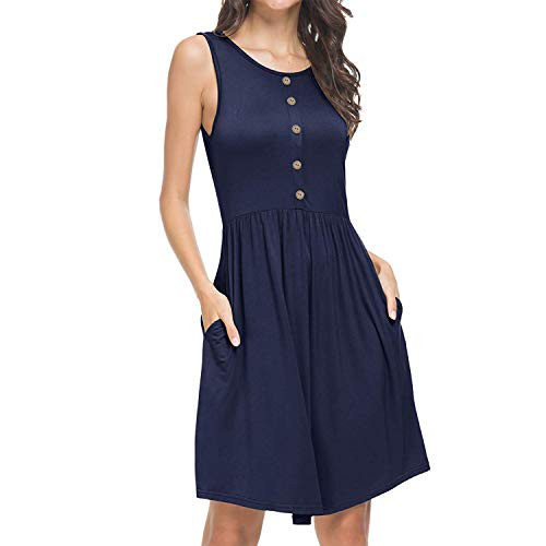 Trendypie Women's Summer Sleeveless Solid Cotton Casual Loose Swing Dress Plain Pleated T-Shirt Dress Knee Length Button Party Dress Beach Sundress with Pockets