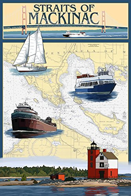 Straits of Mackinac- Michigan- Nautical Chart -9x12 Art Print- Wall Decor Travel Poster-