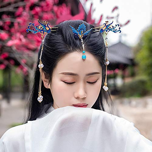 Houchu Chinese Hair Sticks Hanfu Long Tassel Cloisonne Vintage Hair Stick Hair Crown Set Classical Style Handmade Hairpin
