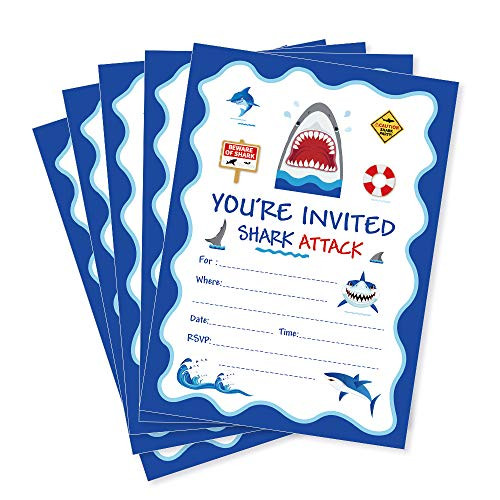 CC HOME Shark Attack Invitation Cards,Shark Birthday Party Invitations with Envelopes (20 Count),Baby Shark Birthday Party Decorations,Summer Ocean Aquatic Pool Party Invites ,Shark Fill in Invites for Kids ,Baby Shower ,1st Birthday Party Decorations Supplies