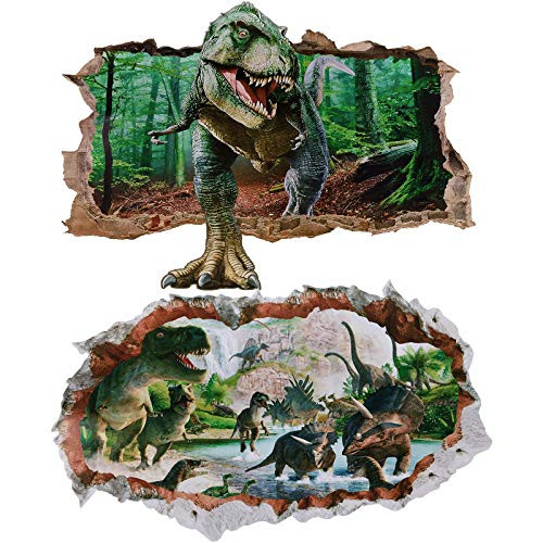 2 Sheets Dinosaur Wall Decals Dinosaur Forest Wall Stickers Self Adhesive 3D Smashed Wall Arts Removable Wall Mural Decals for Kids Nursery Bedroom Living Room -Jumping Dinosaurs-