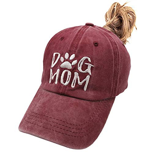 Waldeal Women's Embroidered Dog Mom Ponytail Hat Adjustable Messy High Bun Ponycap Burgundy