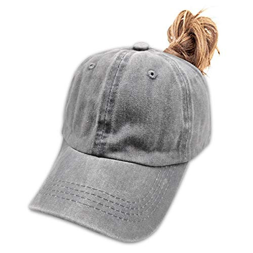 Waldeal Girls' Ponytail Hat Kids Adjustable Vintage Washed Plain Baseball Cap Grey