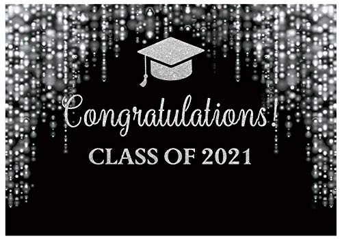 Funnytree 7x5ft Graduation Party Backdrop Class of 2021 Black and Silver Glitter Bokeh Spots Photography Background Congrats Grad Prom Gold Dots Decorations Photo Studio Booth Props Cake Table Banner