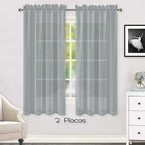 HUTO Grey Sheer Window Curtains 52"x63" Rod Pocket Window Sheer Panels Drapes 2 Panels Curtains for Bedroom Living Room Nursery