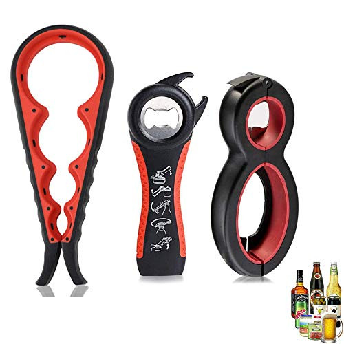 3 Pack Jar Bottle Opener- 4 in 1 Can Opener 5 in 1 Jar opener and 6 in 1 Multi Bottle Opener Kitchen Tool Set for Children- Elderly- Weak Hand and Arthritic Sufferers -red-