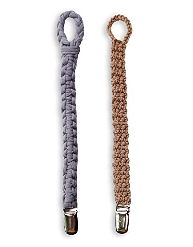 Pacifier Clip for Boys and Girls- Baby Holder Leash- Baby and Toddler Pacifier Wooden Clips- Baby Teether Toy- Handmade Pacifier Clips 2 Pack -Grey  and  Brown-