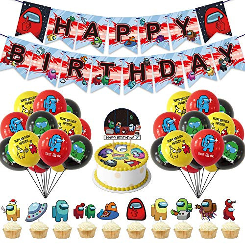 Awyjcas Video Game Party Decorations- Video US Happy Birthday Balloon-Space Werewolves game Cake Topper-Impostor Video Game Happy Birthday Cupcake Topper.Boys Girls Kids Adults Party Supplies