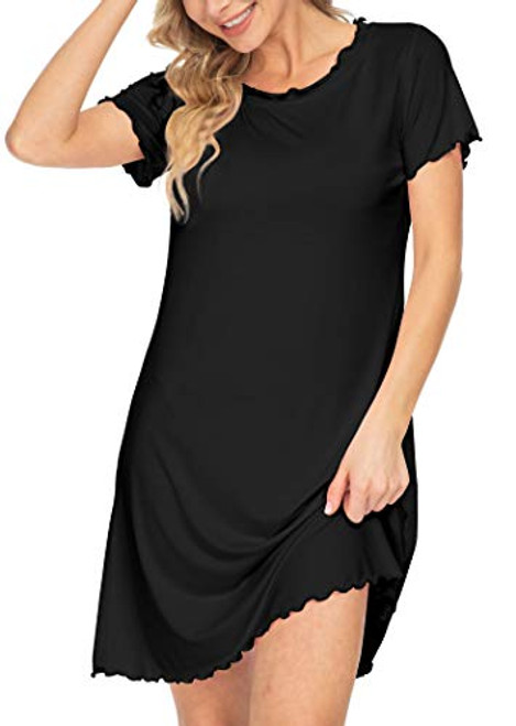 AUHEGN Nightgowns for Womens Sleepshirt Dress Short Sleeve Ruffle Seams Soft Sleepwear Loungewear Nightshirts Black X-Large