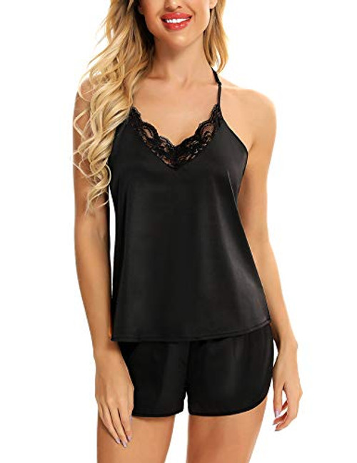 AGFAN Silk Pajamas for Women Sleepwear Sexy Lingerie Lace Cami Shorts Set Nightwear Black L AGFAN Silk Pajamas for Women Sleepwear Sexy Lingerie Lace Cami Shorts Set Nightwear Black L