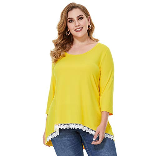 Women's Plus Size Long Sleeve A-Line Tunic Scoop Neck Lace Hem Swing Top Blouse T-Shirt -Lemon- 2X-
