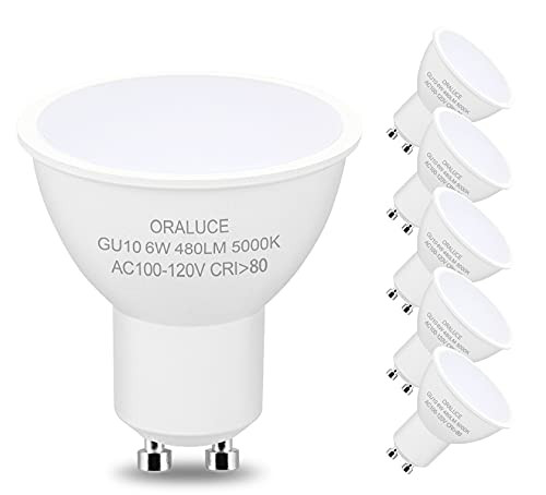 GU10 LED Bulbs 6W- 50W Halogen Equivalent- Non-dimmable- 5000K Daylight White- 120 V- 480 Lm- 120 Flood Beam Angle- MR16 Shape for Recessed- Track Lighting- Pack of 6