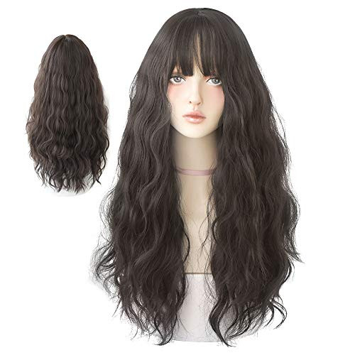 HUAISU Curly Hair Wigs for Women Natural Synthetic Wig with Bangs Cosplay Wig -27inch- Dark Black-