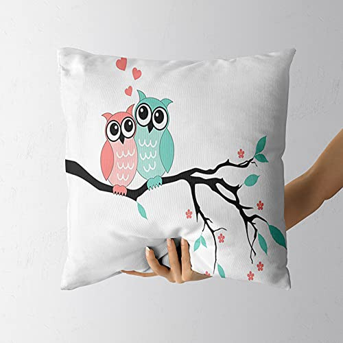 GULTMEE Teal and White Owl Couple Sitting on Tree Branch Valentines Romance Love Turquoise Black Pillow Covers Decorative Cushion Cover Throw Printed Pillow Case 16 X 16 Inch