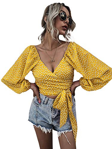 SheIn Women's V Neck Long Sleeve Self Tie Wrap Floral Crop Tops Blouse Floral Yellow L