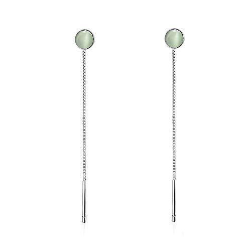 Reffeer Green Round Opal Chain Dangle Earrings 925 Sterling Silver Ear Line Earrings for Women Teens Minimalist Tassel Threader Earrings