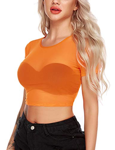 ADOME Mesh Crop Top Sheer Cropped Tee See Through Shirt Short Sleeve Orange-L