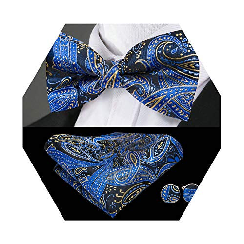 Barry.Wang Mens Navy Blue Bow Tie and Pocket Square Set Silk Pretied Bow Tie Hankerchief Cufflinks