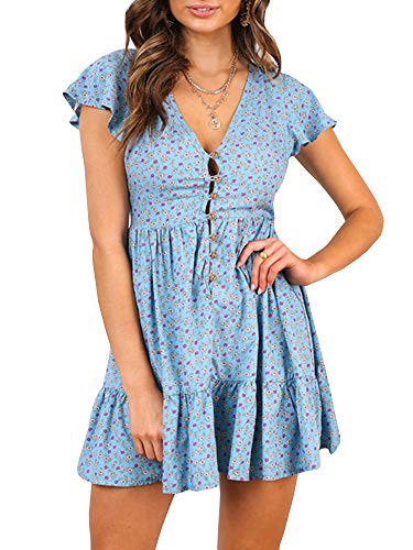 GAMISOTE Womens Deep V Neck Floral Print Dress Sleeveless Mini Dress with Buttons Blue
