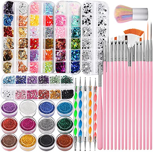 FANDAMEI Nail Art Kit- Nail Design Tools Kit with Nail Art Brushes- Nail Dotting Tools-Fine Glitter-Nail Butterfly- Nail Heart Glitter Sequins- Nail Foil Flakes- Nail Art Rhinestones- Nail Dust Brush