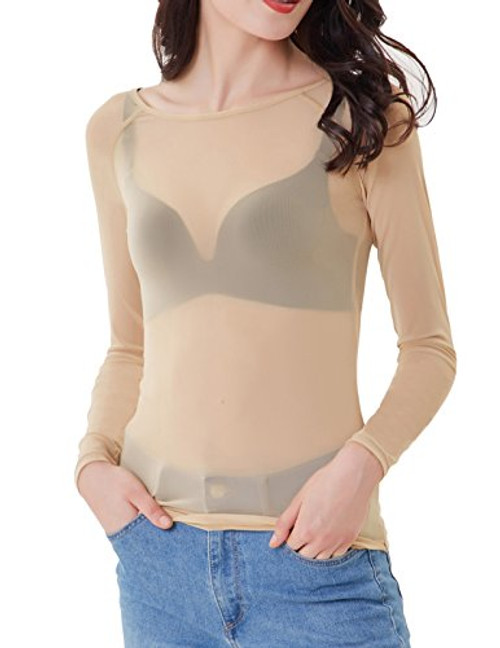 Kate Kasin Women's Long Sleeve See-Through Shirt Sheer Top Mesh Shirt Blouses-2XL-Nude-