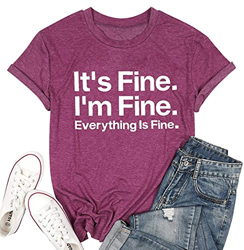 It's Fine I'm Fine Everything is Fine Shirt for Women Inspirational T-Shirt Letter Print Tee Short Sleeve Tee Tops Purple