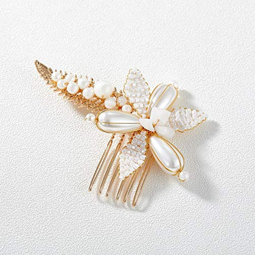 SWEETV Pearl Beads Wedding Hair Comb-Gold Wdding Hair Clip Pieces Bridal Hair Accessories for Women Wedding