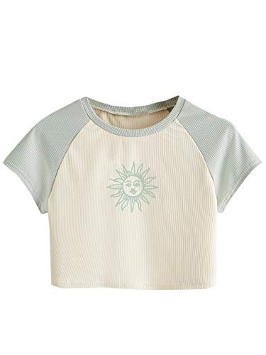 SweatyRocks Women's Casual Short Sleeve Crop Top Round Neck Tee Shirt Green Yellow M