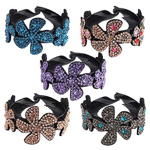 Claws Hair Rhinestone Bun Holders - Crystal Hairpin Half-balloon Expanding Hair Ponytail Holder Clips for Woman and Girls Hair Accessories-Flower 5 Color-L-