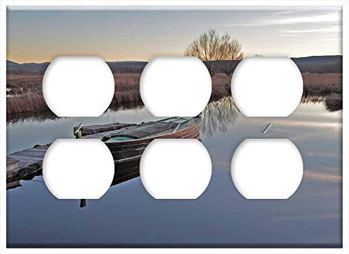 Triple Duplex Outlet Wall Plate Cover - Barca Lake Backwards Boat Landscape Nature Sky