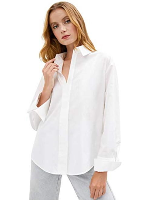 Women's White Cotton Shirts Long Sleeves V Neck Blouses Casual Loose Tunic Tops -White-Large-