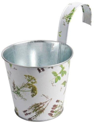 Esschert Design Herb Print Galvanized Steel Balcony Flower Pot with Hook