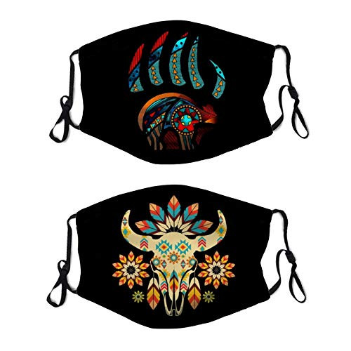 Native American Pattern Face Mask with 2 Filter Reusable Washable Bandanas Adjustable Balaclava for Men and Women -2PCS-