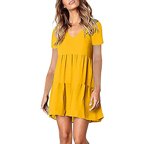 Women Summer Dresses V Neck Casual Loose Solid Sleeveless Swing Flowy Tunic Dress Teen Dress -13-Yellow- L-