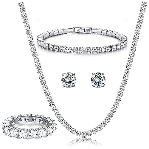 DOLOTTA White Gold Plated Tennis Necklace/Bracelet/Cubic Zirconia Stud Earrings/Band Ring Jewelry Sets for Women White AAA Cubic Zirconia Party Wedding Jewelry for Bridesmaids Sets Band Ring Size 5-9 DOLOTTA White Gold Plated Tennis Necklace/Bracelet/Cubic Zirconia Stud Earrings/Band Ring Jewelry Sets for Women White AAA Cubic Zirconia Party Wedding Jewelry for Bridesmaids Sets Band Ring Size 5-9
