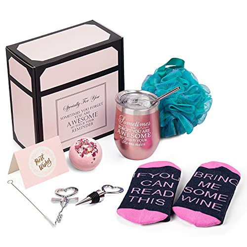 Wine Gifts for Women Wine Tumbler Birthday Gift for Wine Lover Christmas Gift Basket for Mom Wife Sister Girlfriend Bottle Opener/Stopper Loofah Sponge Greeting Card Rose Gold