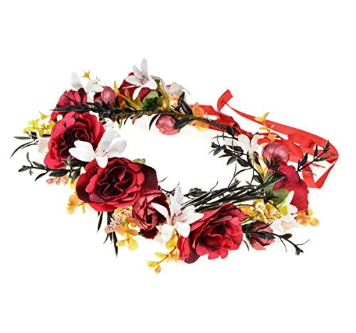 DDazzling Women Flower Headband Wreath Crown Floral Wedding Garland Wedding Festivals Photo Props -Red-