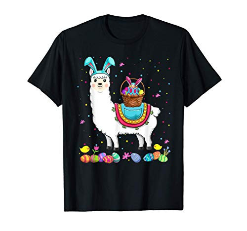 Happy Easter Bunny Llama Bringing Easter Eggs Basket Gifts T-Shirt