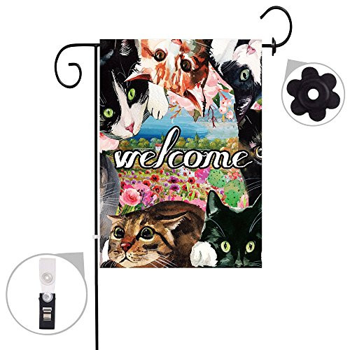 Bonsai Tree Burlap cat Spring Garden Flags 12x18 Prime Double-Sided Seasonal Yard Outdoor Decorative Flag Banner Stopper & Anti-Wind Clip