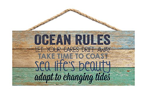 Ocean Rules Sea Life's Beauty Aqua Lath Look 10 x 4.5 Wood Wall Hanging Plaque Sign